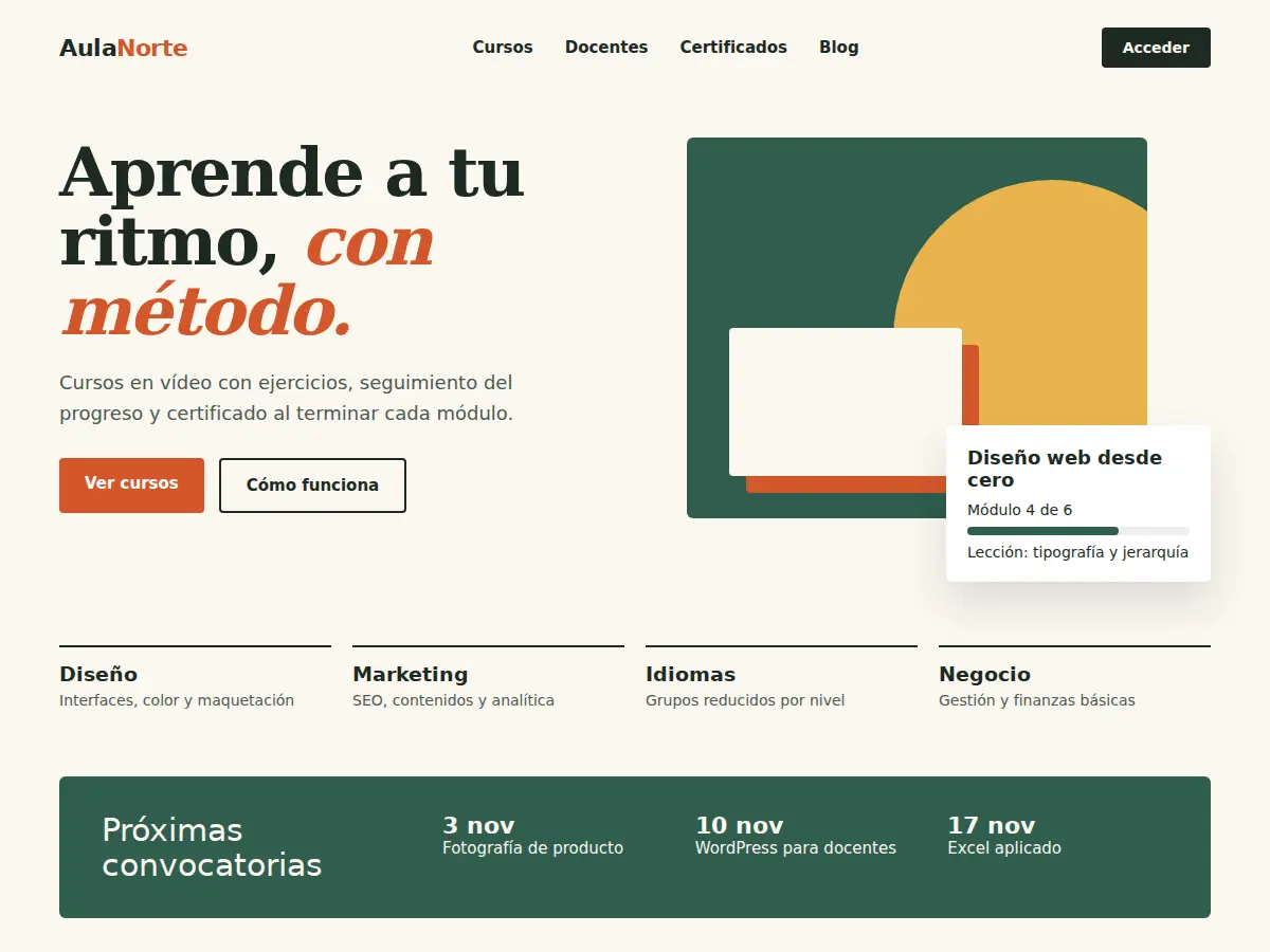 Vista conceptual de una web de cursos online